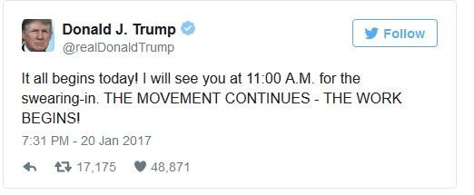 Ông Trump đăng trạng thái Twitter đầu tiên trong ngày nhậm chức ảnh 1