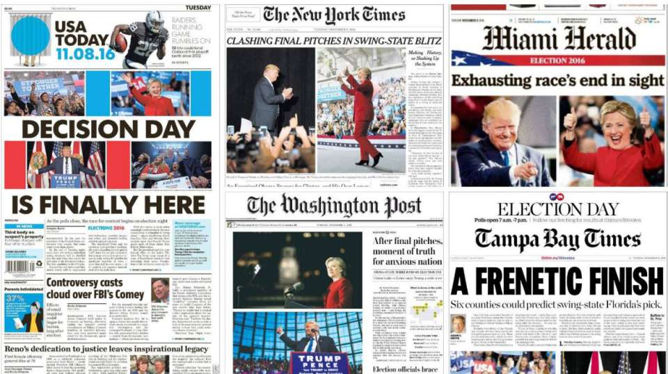 Trang nhất của các tờ nhật báo lớn của Mỹ số ra sáng 8/11.
