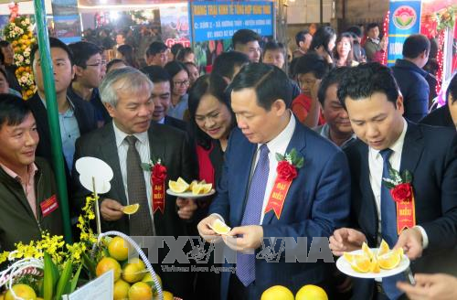 Phó Thủ tướng Vương Đình Huệ tham quan các gian hàng và thưởng thức đặc sản Cam Hà Tĩnh.