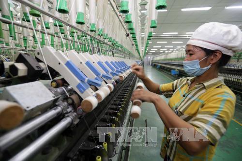 Công nhân làm việc tại Công ty TNHH sợi dệt nhuộm YULUN (vốn đầu tư của Trung Quốc) hoạt động tại Khu công nghiệp Bảo Minh, huyện Vụ Bản, Nam Định. Ảnh: Trần Việt/TTXVN