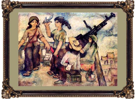 Dân quân bắn súng trên tầng cao.