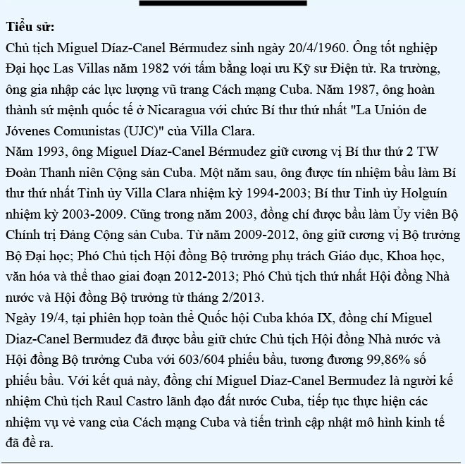 Miguel Díaz-Canel Bérmudez: ‘Thuyền trưởng mới’ của ‘Đảo quốc Tự do’ anh hùng
